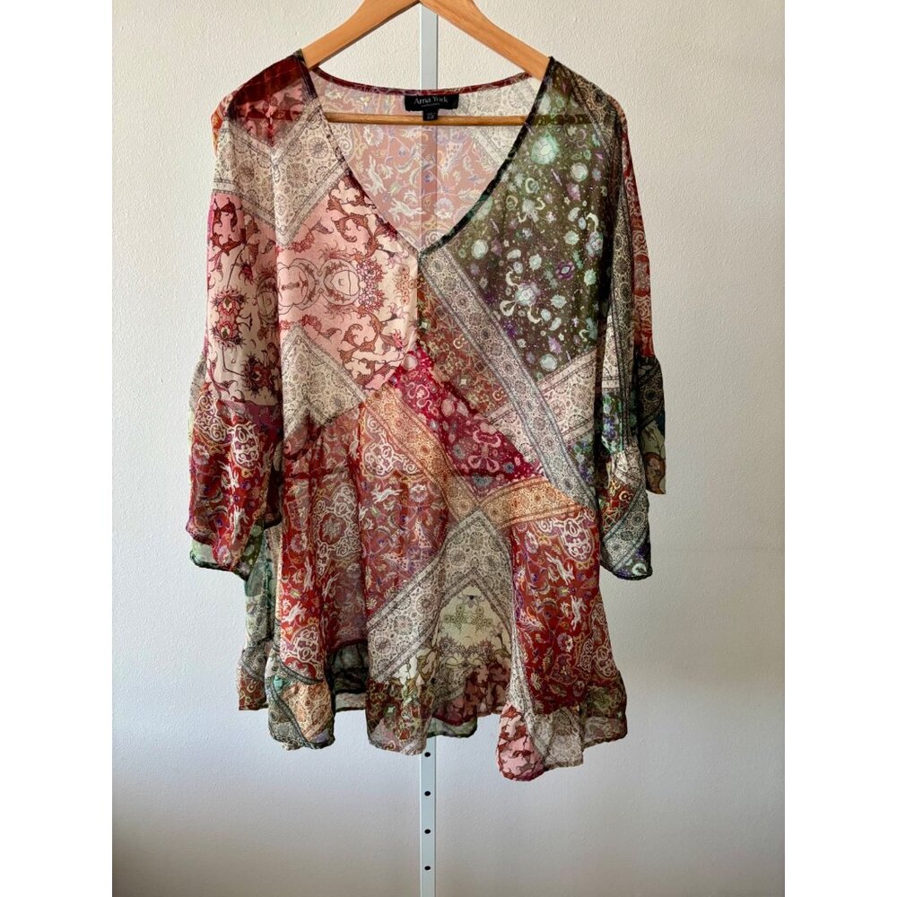 Boho Top 22/24 Patchwork Tunic Sheer Flowy Hare Print Festival CottageCore Fairy